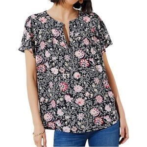 LOFT Mixed Media Floral Blouse Dark Navy Pink Woven Front Knit Back Top Medium